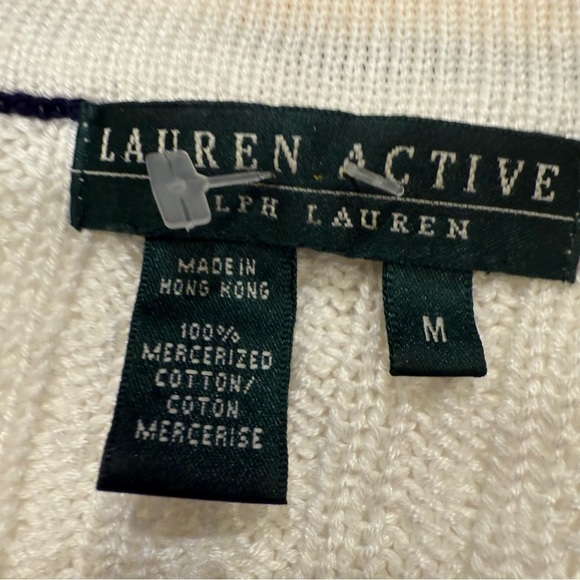 Ralph Lauren Women’s Cable-Knit  V-Neck Sweater White Navy/yellow Trim Sz M - Picture 6 of 16